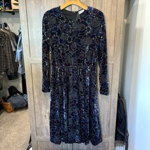 Mademoiselle Medium Crushed Velvet Dress Long Sleeve Dark Floral Stretch MIDI